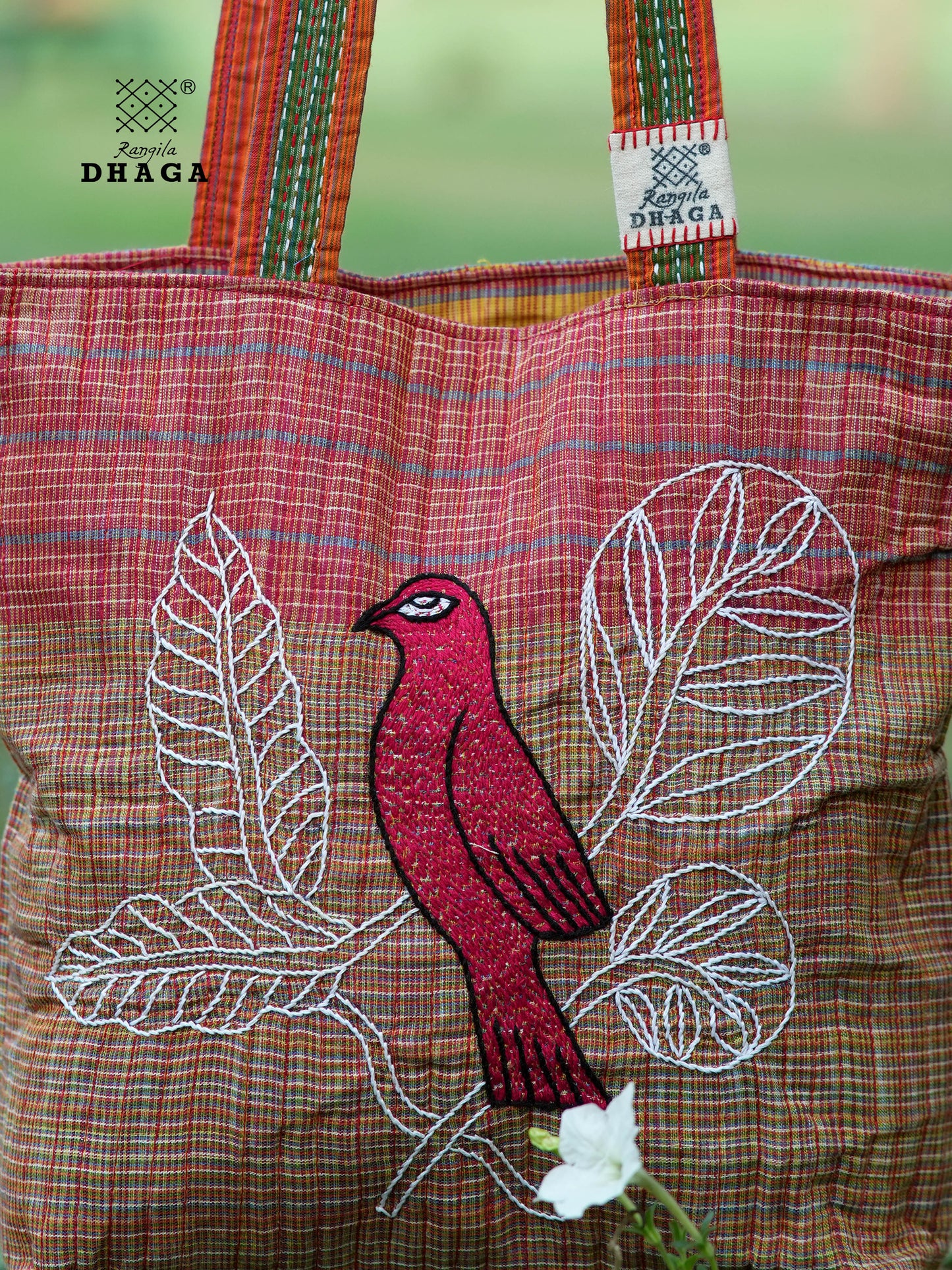 Red Hand Embroidered Gamcha Pakhi Tote Bag with Hand Embroidered Handle  Bag103