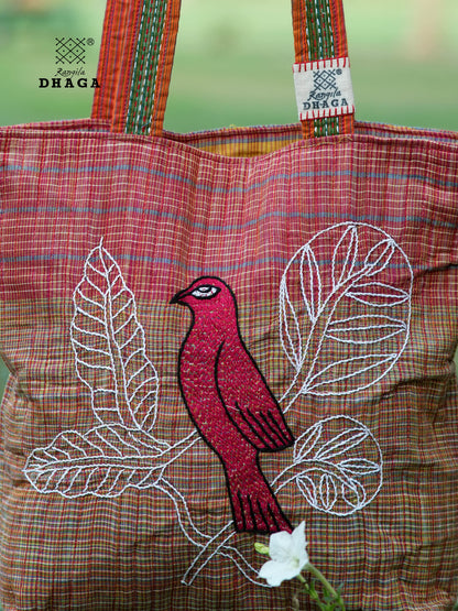 Red Hand Embroidered Gamcha Pakhi Tote Bag with Hand Embroidered Handle  Bag103