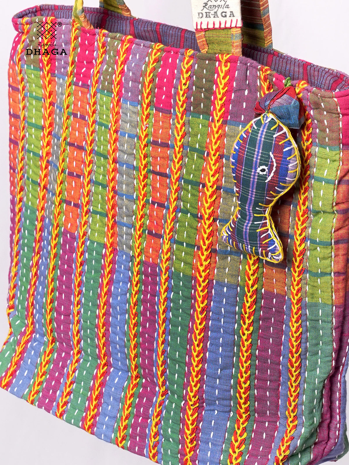Hand-Embroidered Cotton Gamcha Tote Bag | Multicolor Artisan Shoulder Tote with Zip Closure & Multiple Pockets  118