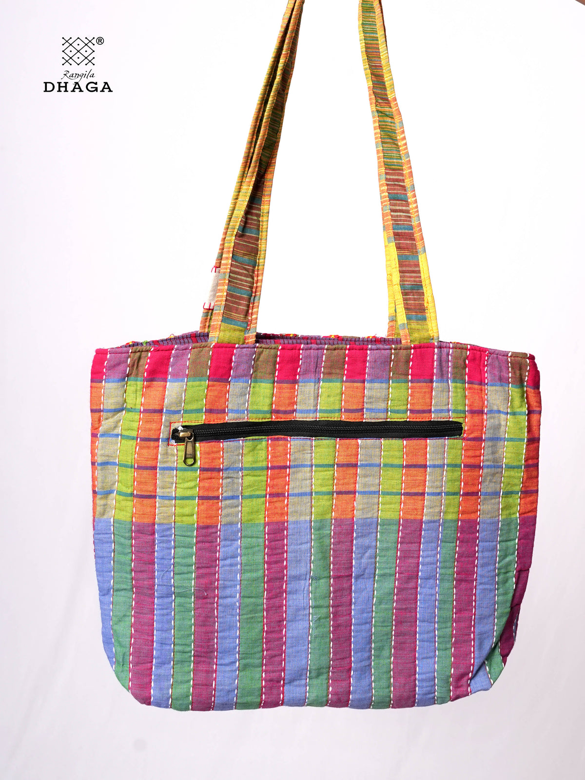 Hand-Embroidered Cotton Gamcha Tote Bag | Multicolor Artisan Shoulder Tote with Zip Closure & Multiple Pockets  118