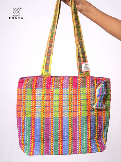 Hand-Embroidered Cotton Gamcha Tote Bag | Multicolor Artisan Shoulder Tote with Zip Closure & Multiple Pockets  118