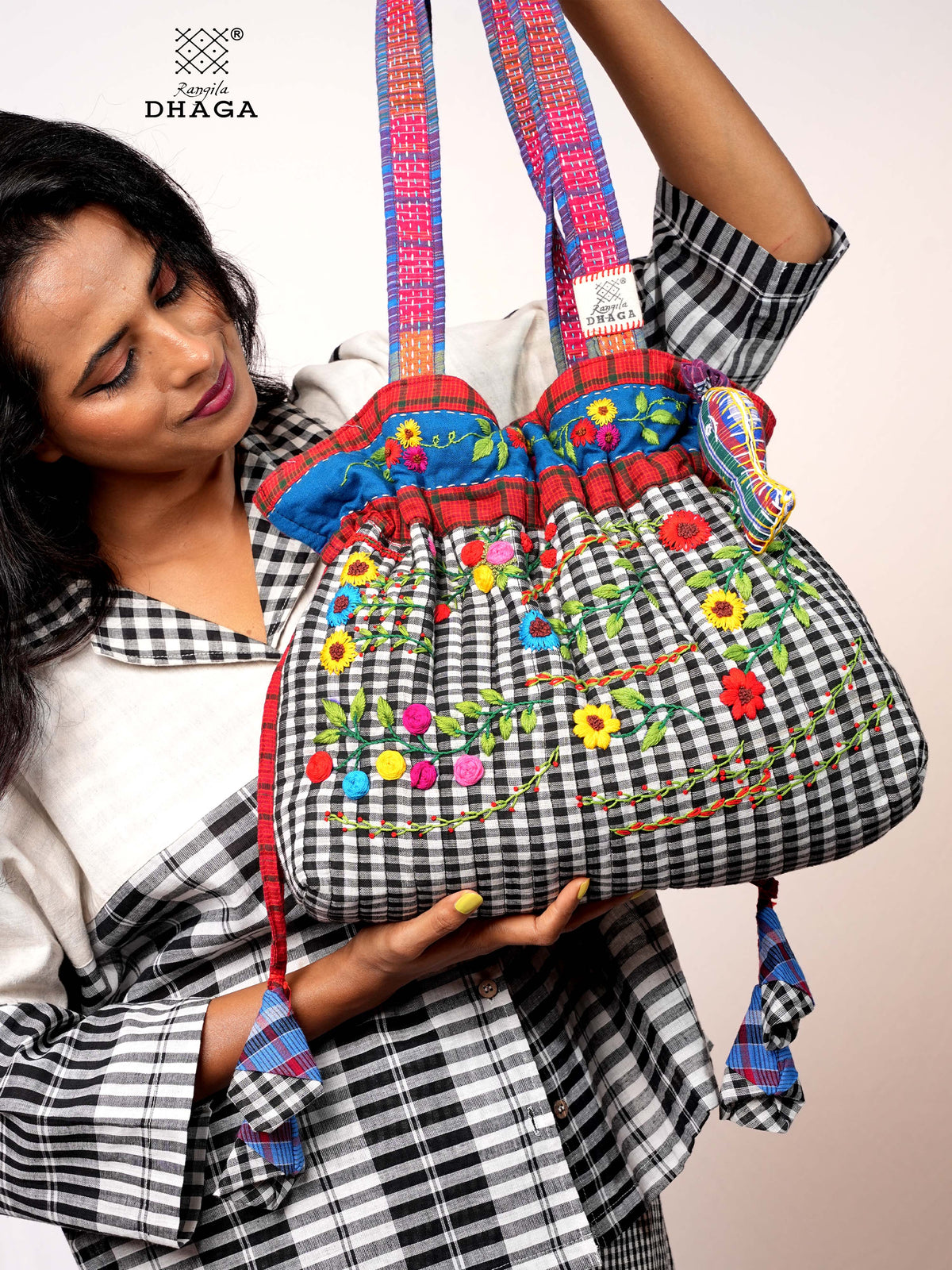 Hand-Embroidered Cotton Gamcha Tote Potli Bag | Multicolor Artisan Shoulder Tote with Zip Closure & Multiple Pockets  111