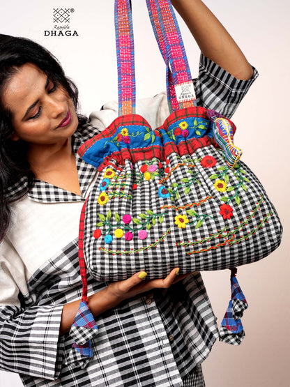 Hand-Embroidered Cotton Gamcha Tote Potli Bag | Multicolor Artisan Shoulder Tote with Zip Closure & Multiple Pockets  111