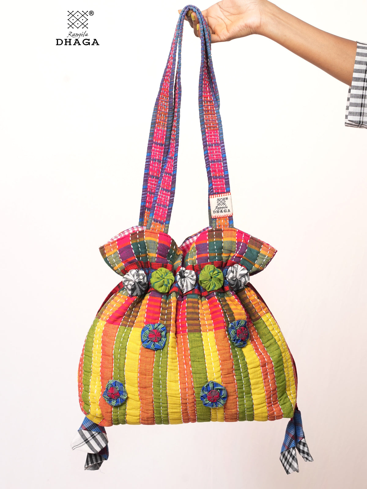Multicolor Hand Embroidered Gamcha Potli Tote Bag – Kantha Stitch Drawstring Bag | Rangila Dhaga PB55