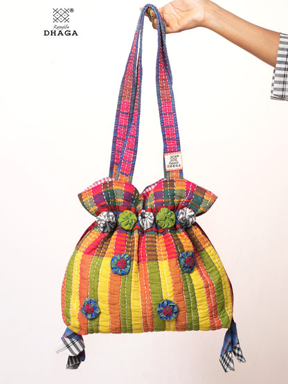 Multicolor Hand Embroidered Gamcha Potli Tote Bag – Kantha Stitch Drawstring Bag | Rangila Dhaga PB55