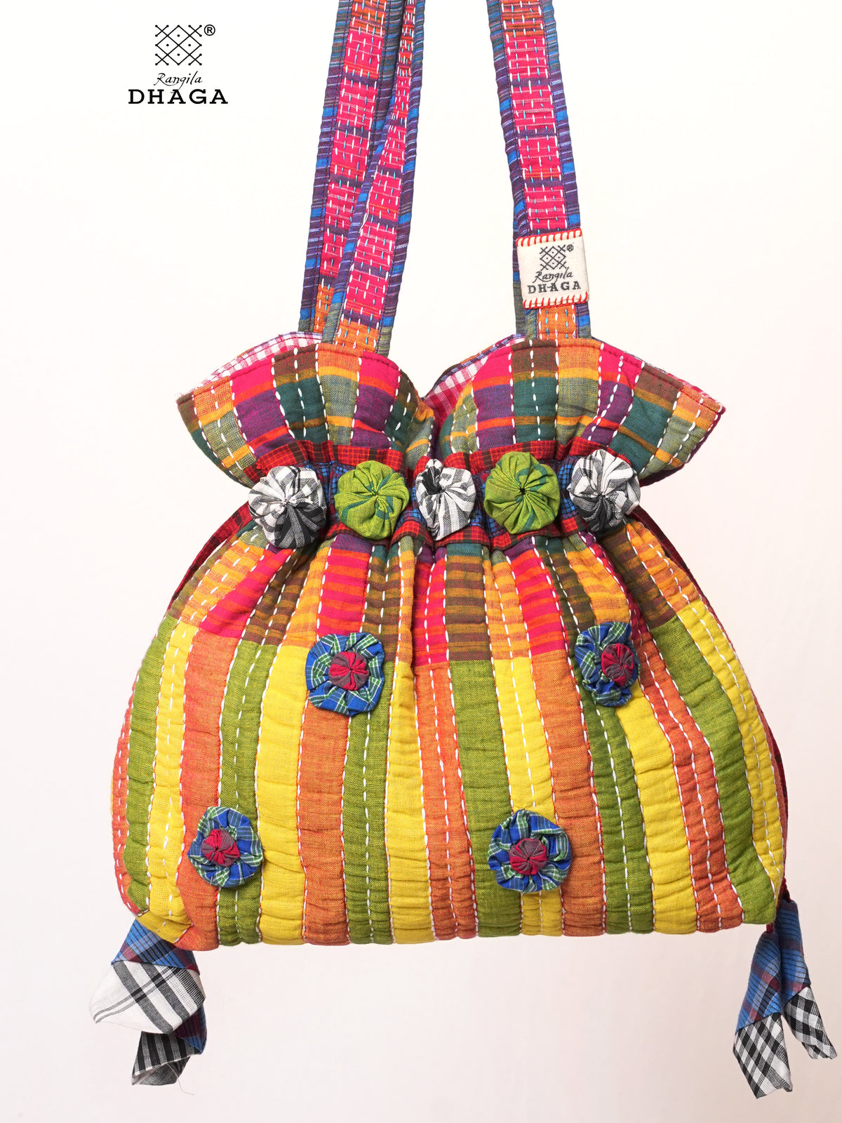 Multicolor Hand Embroidered Gamcha Potli Tote Bag – Kantha Stitch Drawstring Bag | Rangila Dhaga PB55