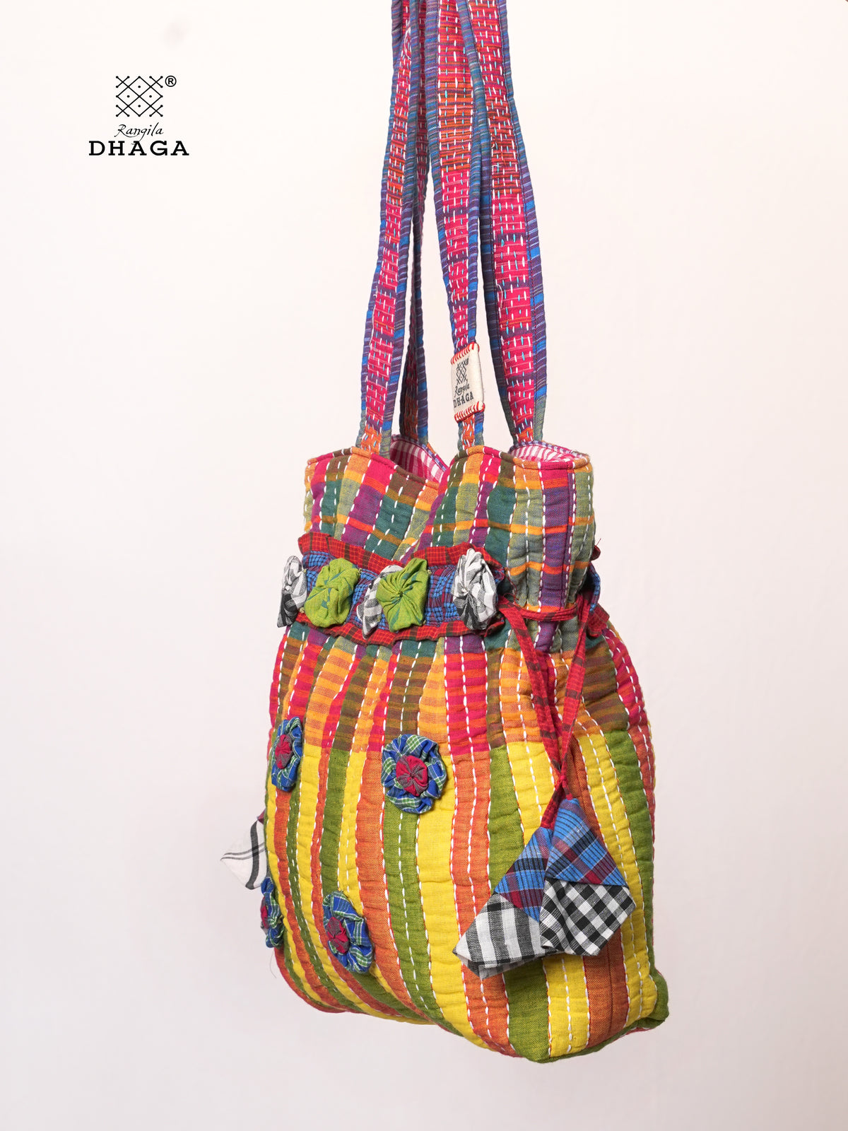 Multicolor Hand Embroidered Gamcha Potli Tote Bag – Kantha Stitch Drawstring Bag | Rangila Dhaga PB55