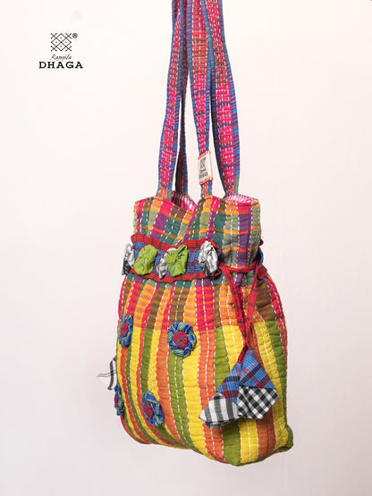 Multicolor Hand Embroidered Gamcha Potli Tote Bag – Kantha Stitch Drawstring Bag | Rangila Dhaga PB55