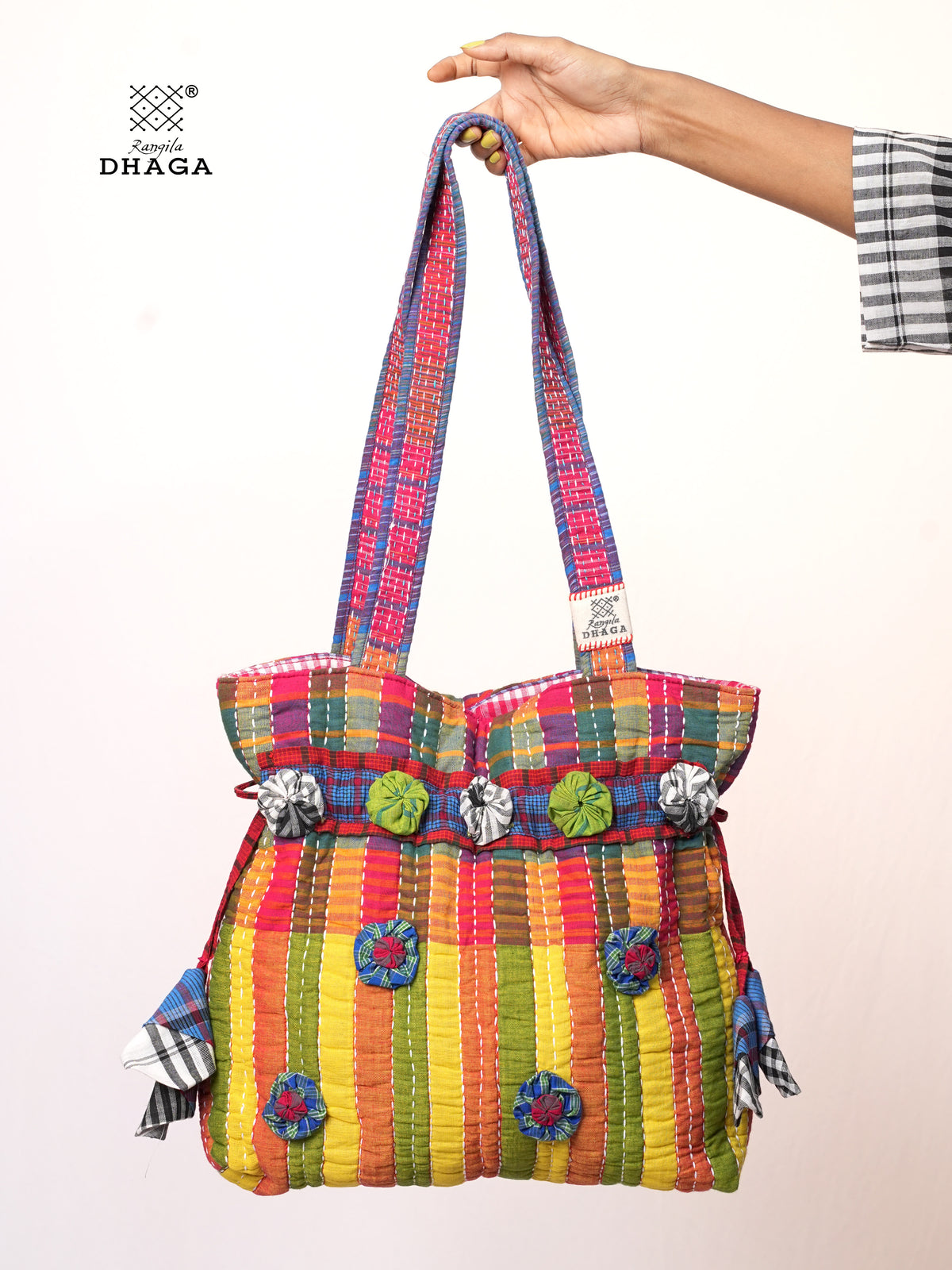 Multicolor Hand Embroidered Gamcha Potli Tote Bag – Kantha Stitch Drawstring Bag | Rangila Dhaga PB55