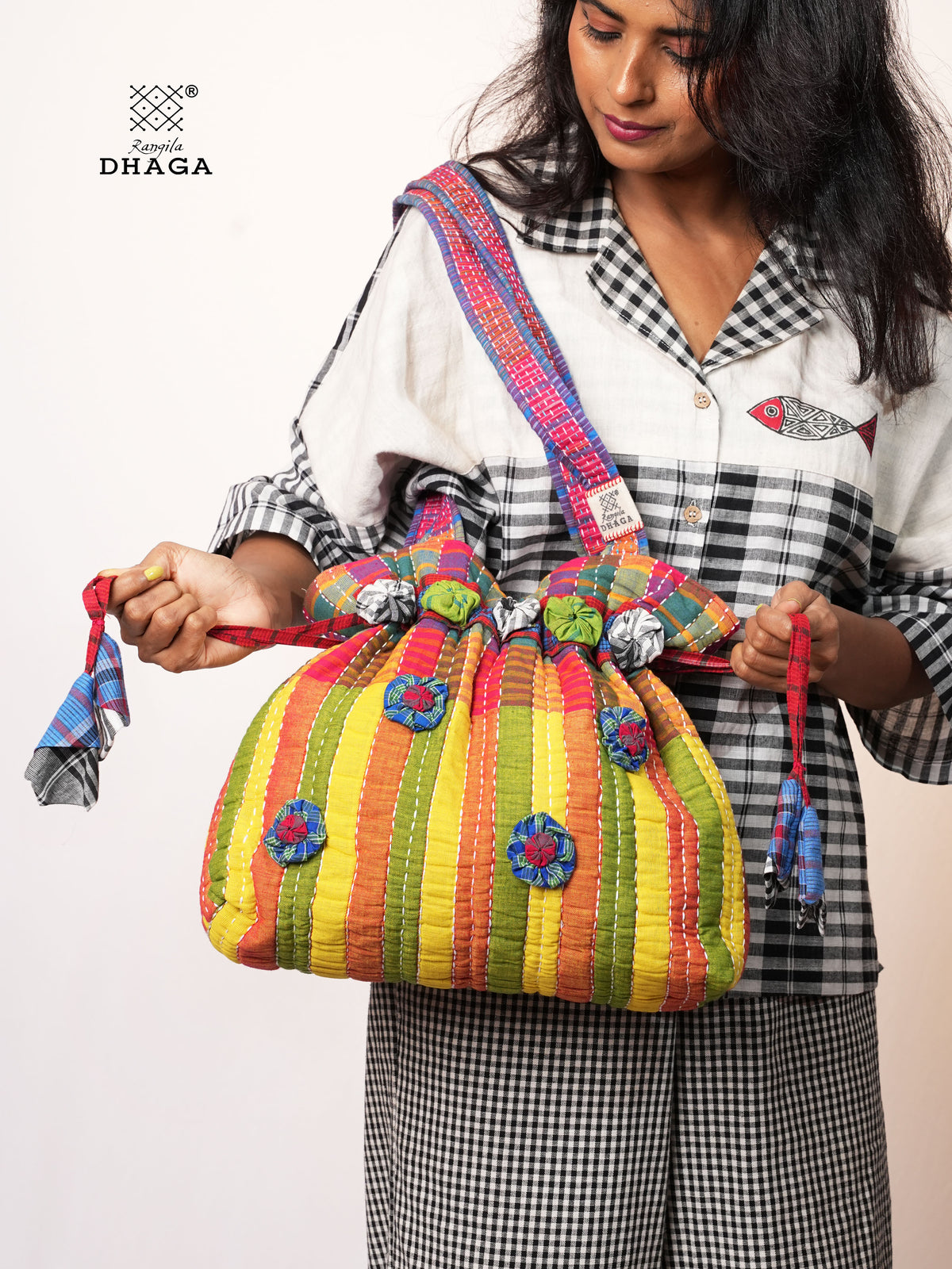 Multicolor Hand Embroidered Gamcha Potli Tote Bag – Kantha Stitch Drawstring Bag | Rangila Dhaga PB55