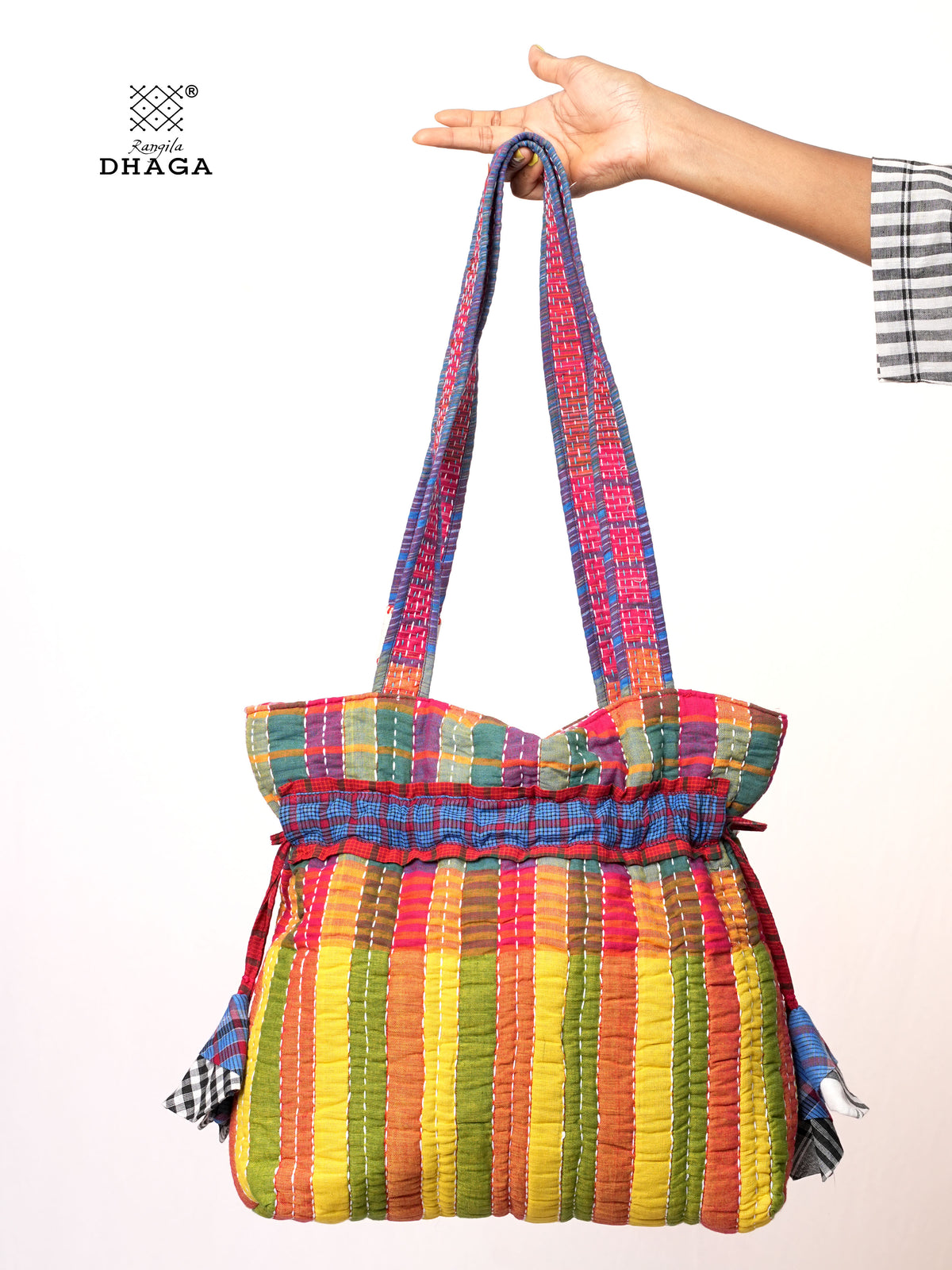 Multicolor Hand Embroidered Gamcha Potli Tote Bag – Kantha Stitch Drawstring Bag | Rangila Dhaga PB55