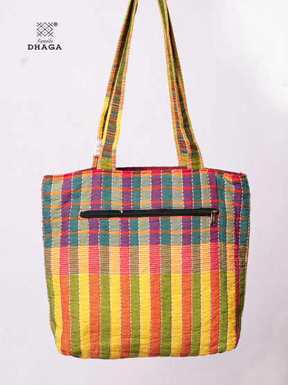 Hand-Embroidered Cotton Gamcha Tote Bag | Multicolor Artisan Shoulder Tote with Zip Closure & Multiple Pockets  116