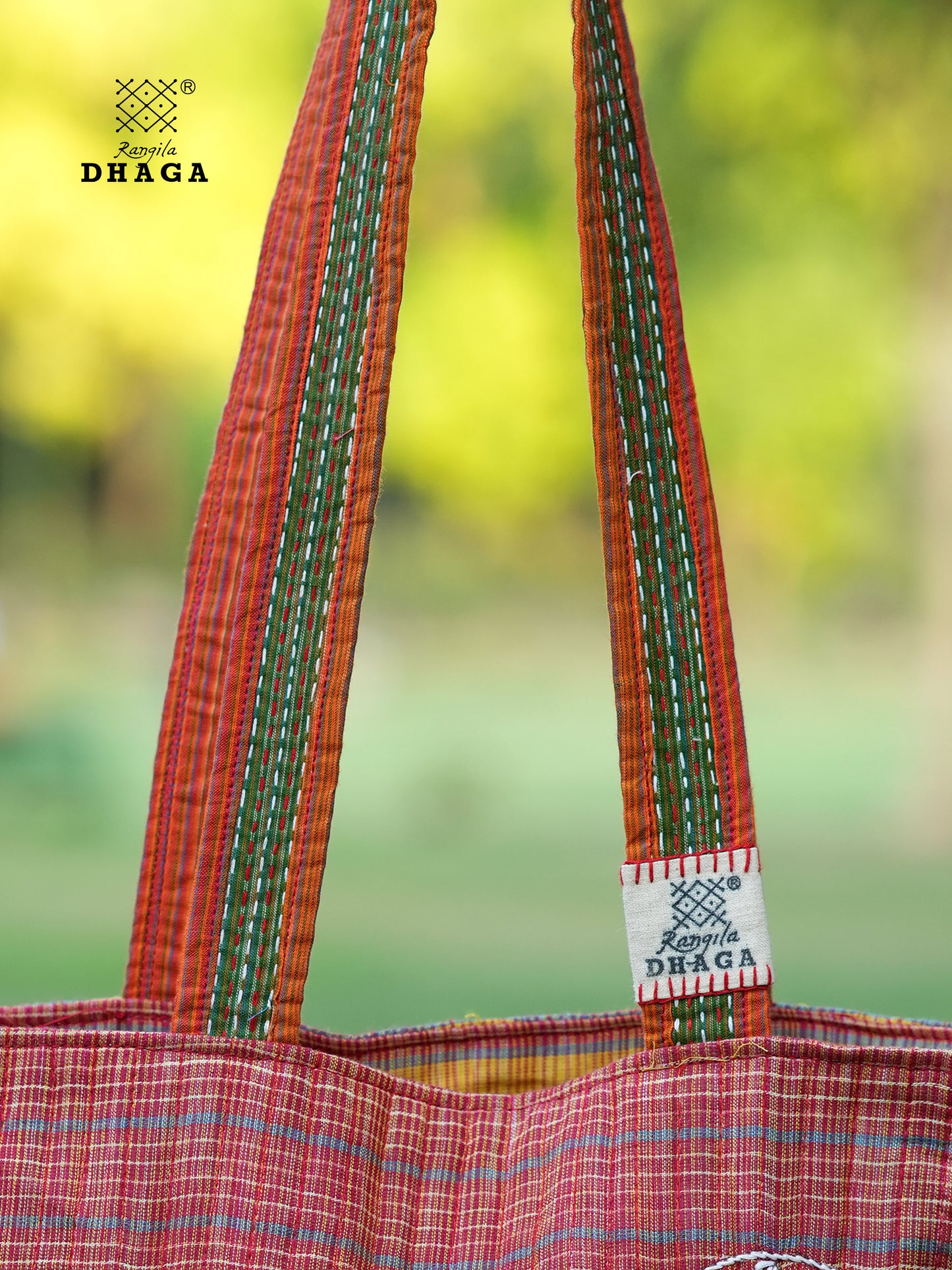 Red Hand Embroidered Gamcha Pakhi Tote Bag with Hand Embroidered Handle  Bag103