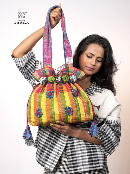 Multicolor Hand Embroidered Gamcha Potli Tote Bag – Kantha Stitch Drawstring Bag | Rangila Dhaga PB55