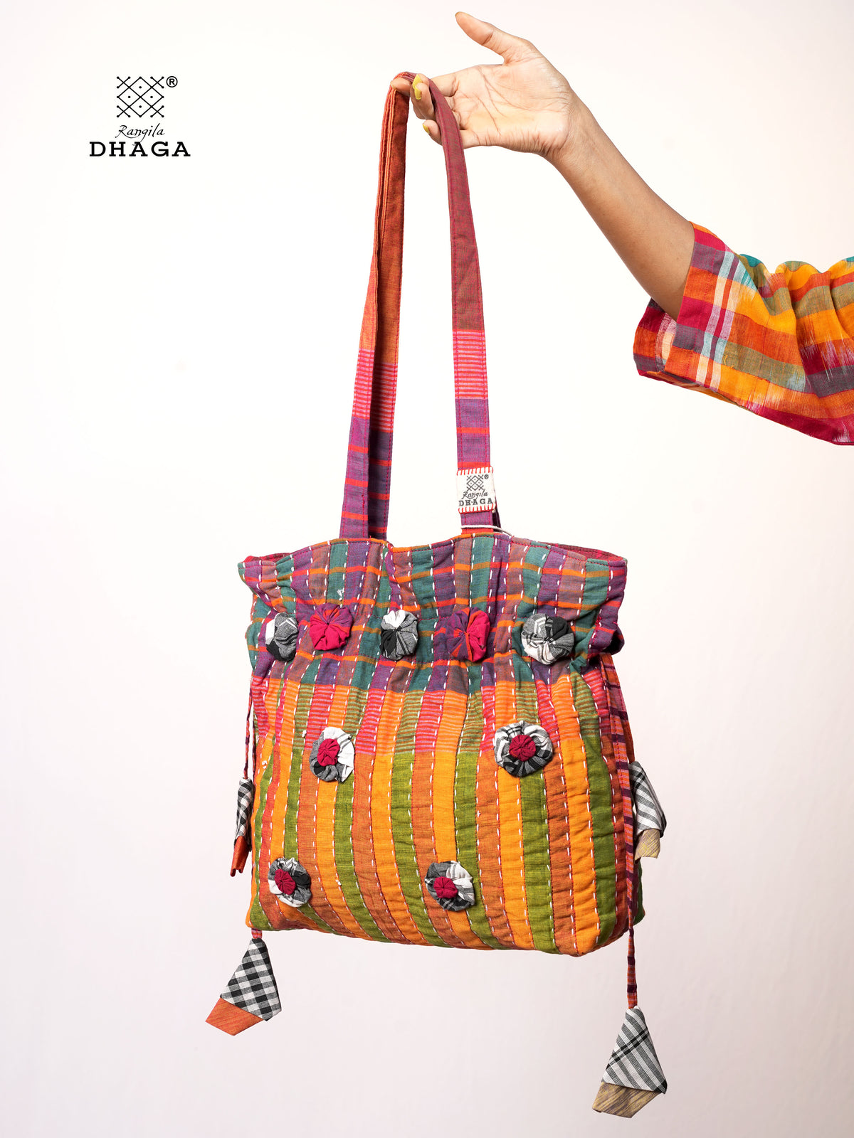 Multicolor Hand Embroidered Gamcha Potli Tote Bag – Kantha Stitch Drawstring Bag | Rangila Dhaga PB56
