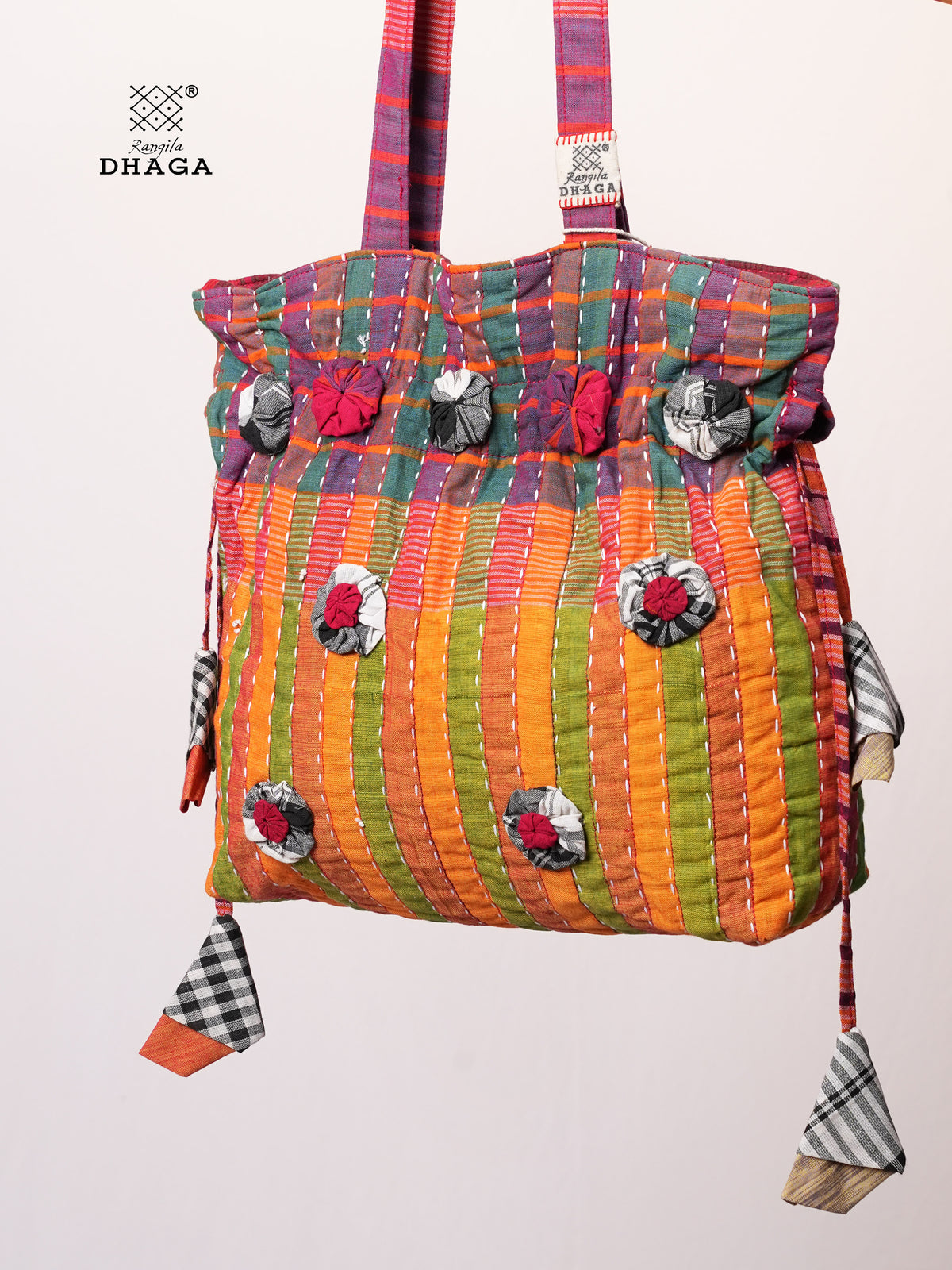 Multicolor Hand Embroidered Gamcha Potli Tote Bag – Kantha Stitch Drawstring Bag | Rangila Dhaga PB56