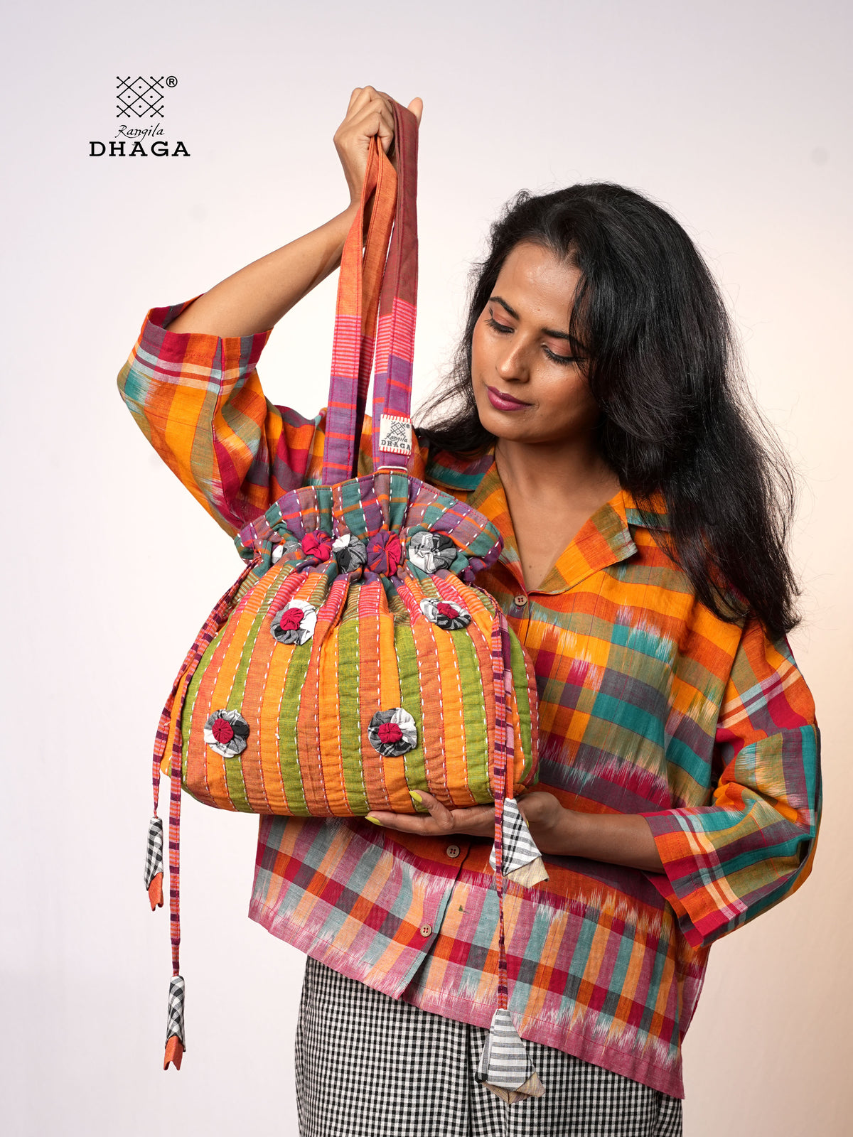 Multicolor Hand Embroidered Gamcha Potli Tote Bag – Kantha Stitch Drawstring Bag | Rangila Dhaga PB56