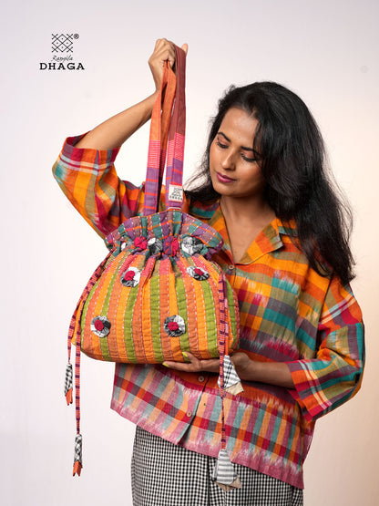 Multicolor Hand Embroidered Gamcha Potli Tote Bag – Kantha Stitch Drawstring Bag | Rangila Dhaga PB56