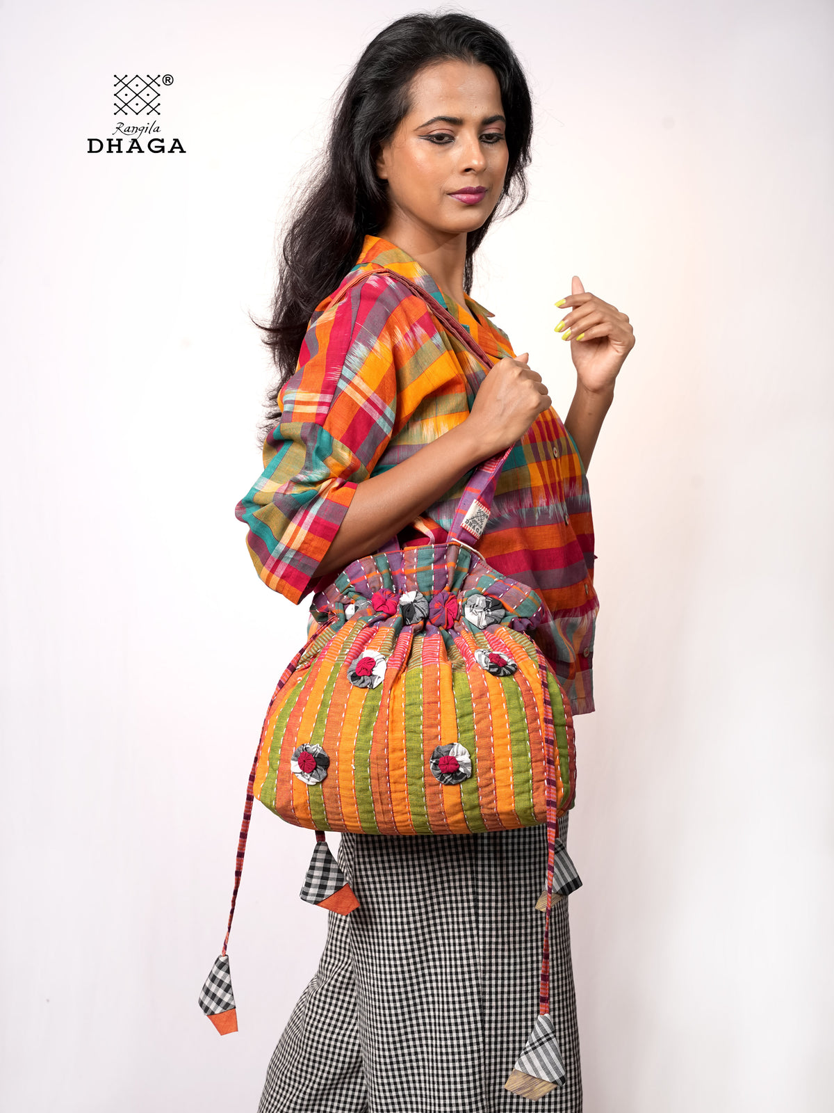 Multicolor Hand Embroidered Gamcha Potli Tote Bag – Kantha Stitch Drawstring Bag | Rangila Dhaga PB56