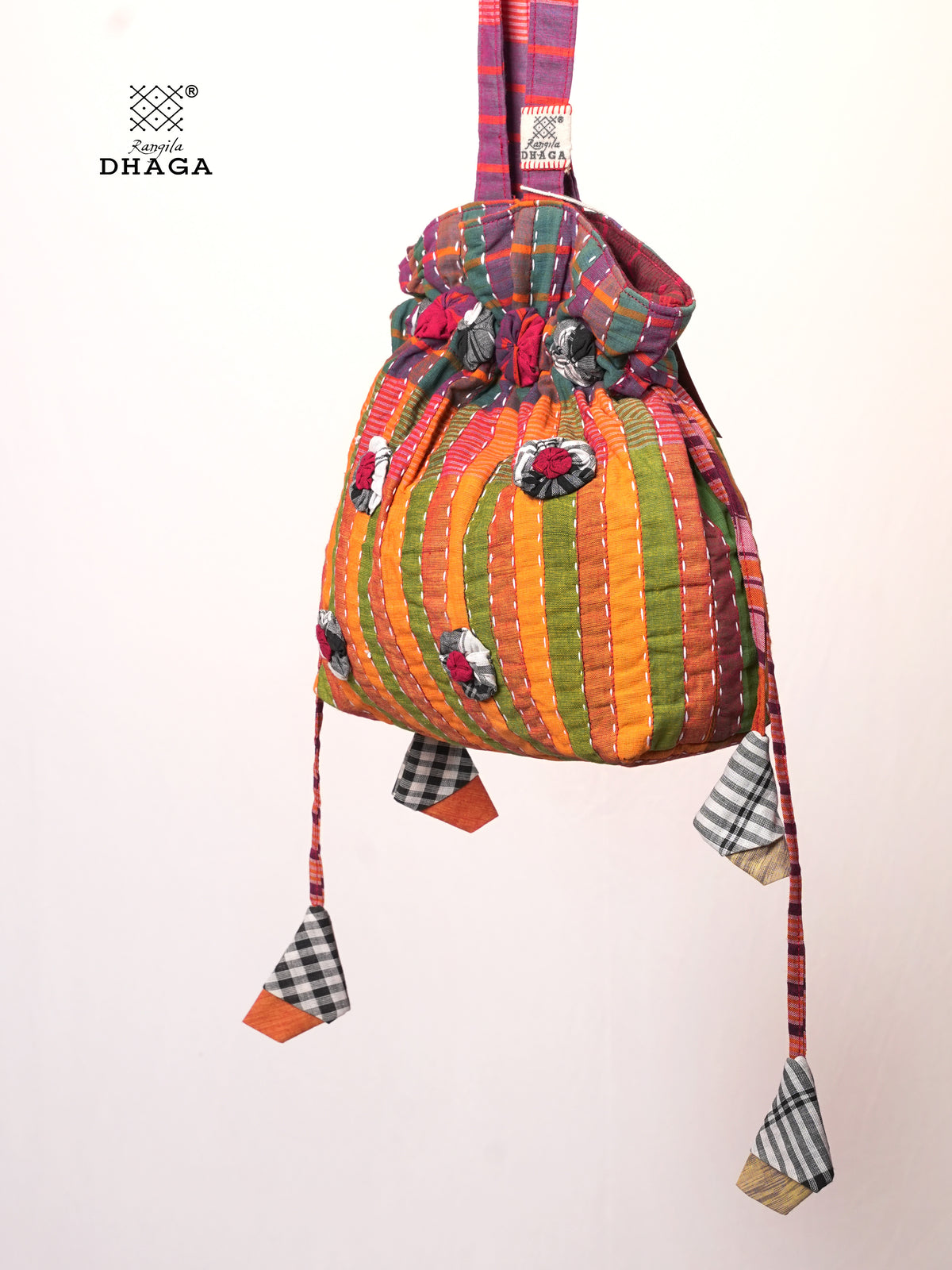 Multicolor Hand Embroidered Gamcha Potli Tote Bag – Kantha Stitch Drawstring Bag | Rangila Dhaga PB56