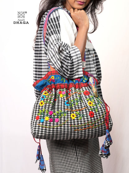 Hand-Embroidered Cotton Gamcha Tote Potli Bag | Multicolor Artisan Shoulder Tote with Zip Closure & Multiple Pockets  111