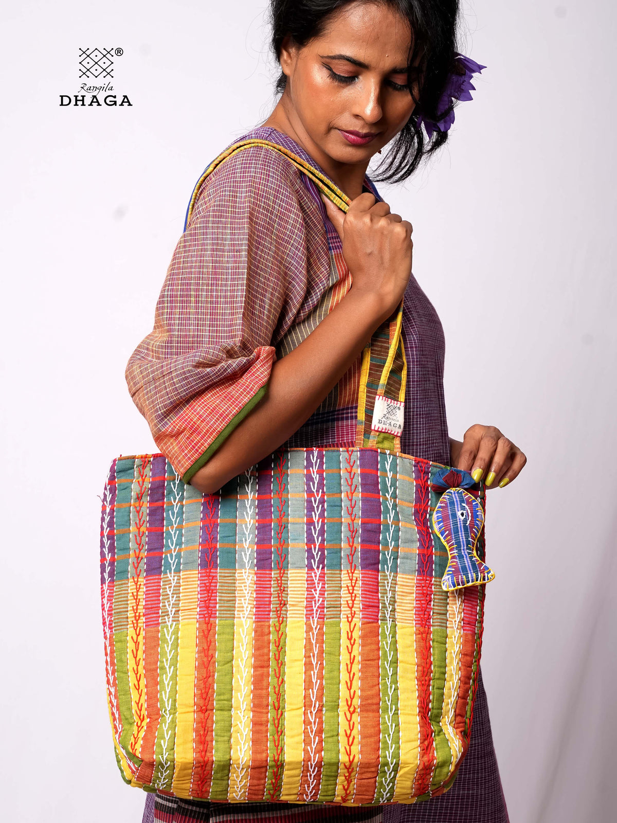 Hand-Embroidered Cotton Gamcha Tote Bag | Multicolor Artisan Shoulder Tote with Zip Closure & Multiple Pockets  116