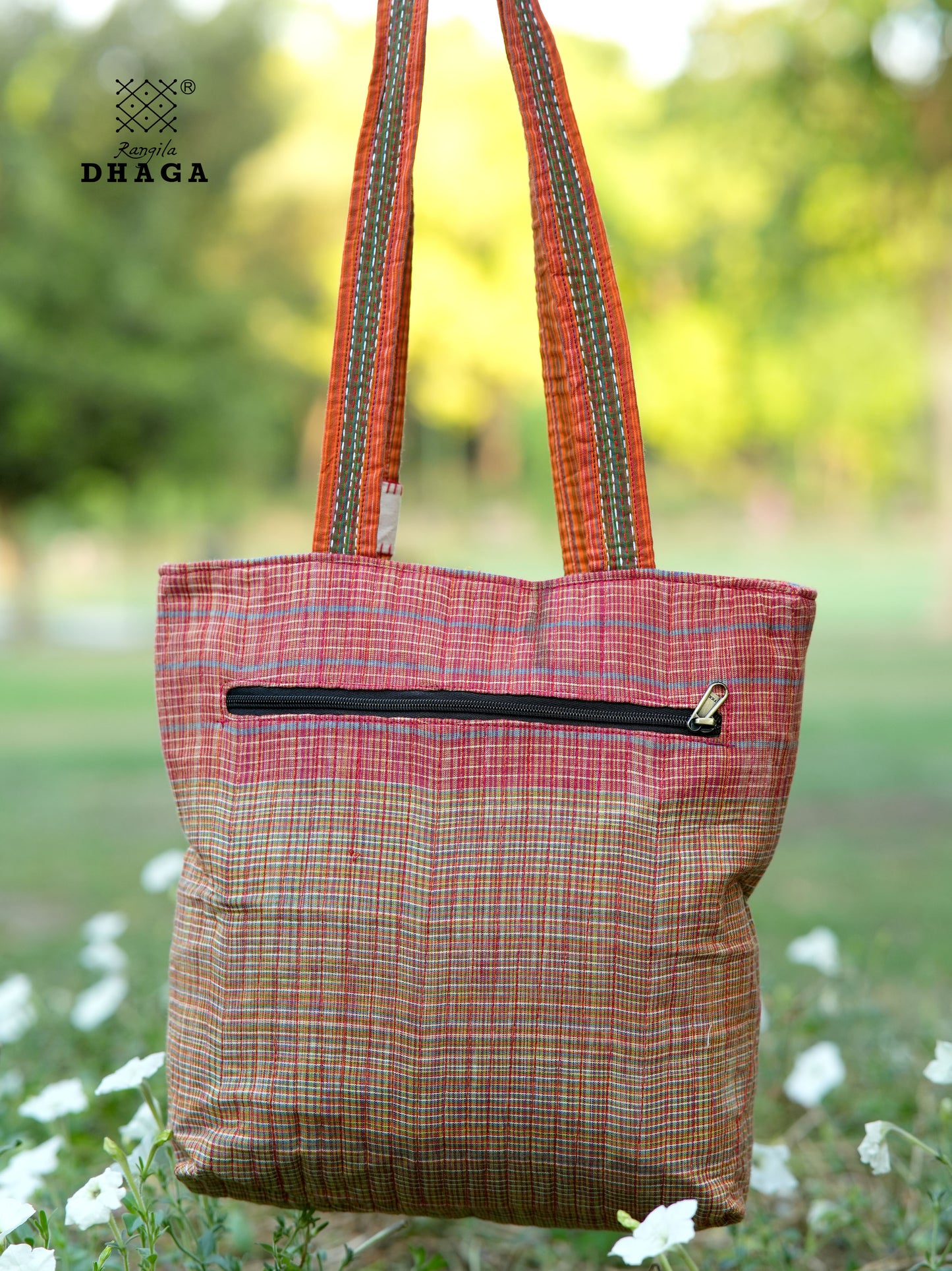 Red Hand Embroidered Gamcha Pakhi Tote Bag with Hand Embroidered Handle  Bag103