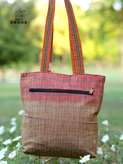 Red Hand Embroidered Gamcha Pakhi Tote Bag with Hand Embroidered Handle  Bag103