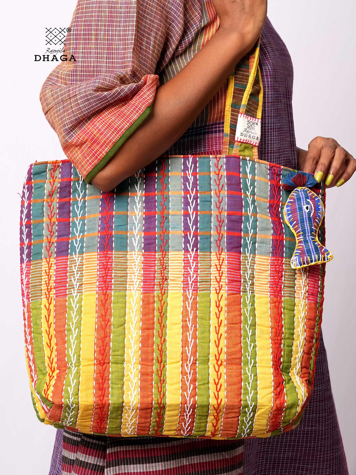 Hand-Embroidered Cotton Gamcha Tote Bag | Multicolor Artisan Shoulder Tote with Zip Closure & Multiple Pockets  116