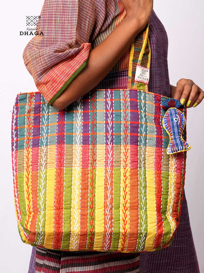 Hand-Embroidered Cotton Gamcha Tote Bag | Multicolor Artisan Shoulder Tote with Zip Closure & Multiple Pockets  116