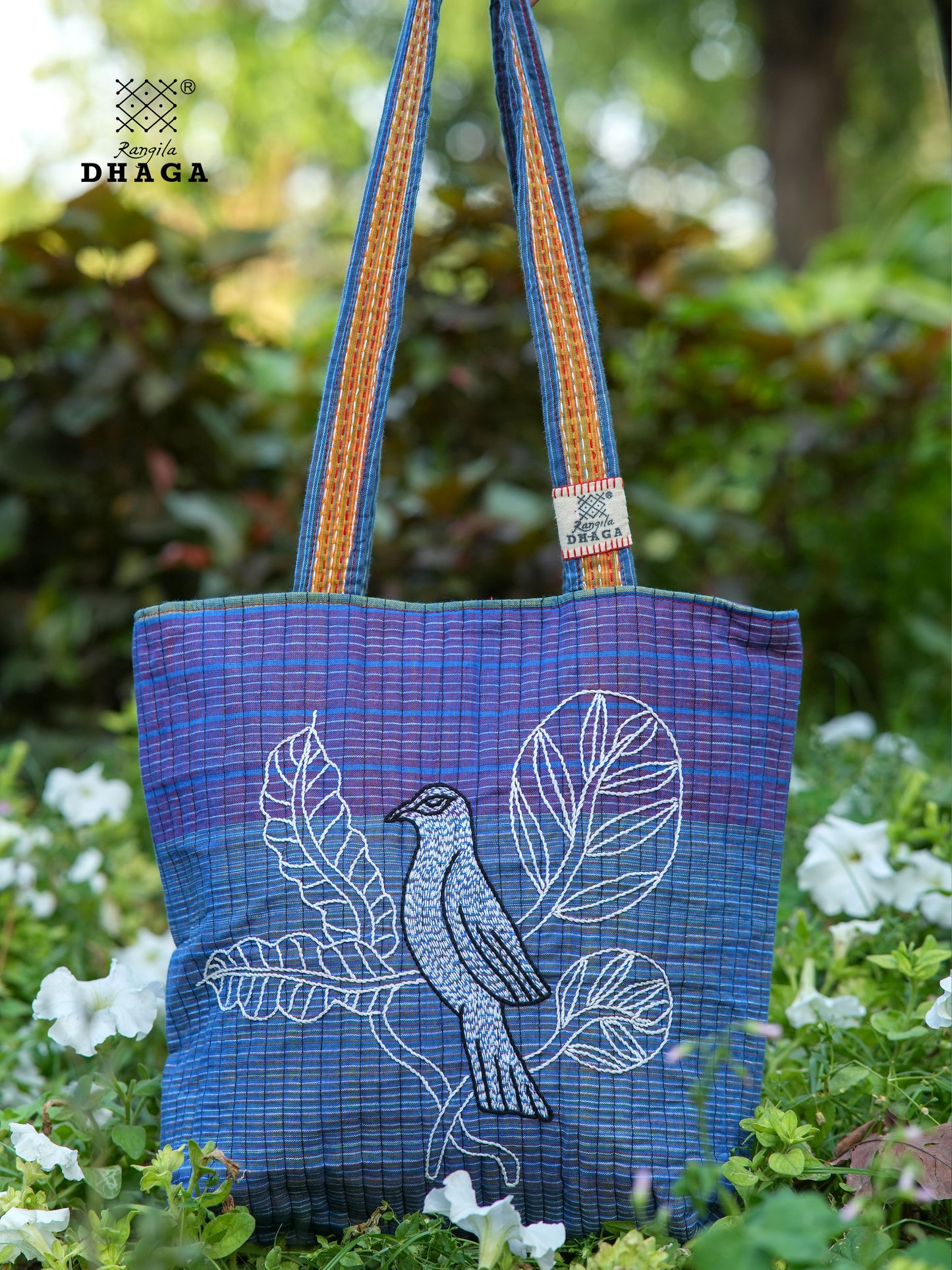 Blue Hand Embroidered Gamcha Pakhi Tote Bag with Hand Embroidered Handle  Bag102
