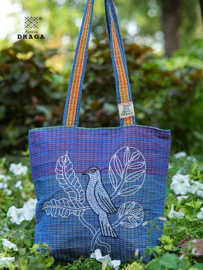 Blue Hand Embroidered Gamcha Pakhi Tote Bag with Hand Embroidered Handle  Bag102