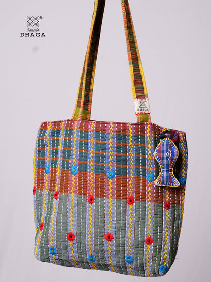 Hand-Embroidered Cotton Gamcha Tote Bag | Multicolor Artisan Shoulder Tote with Zip Closure & Multiple Pockets  115