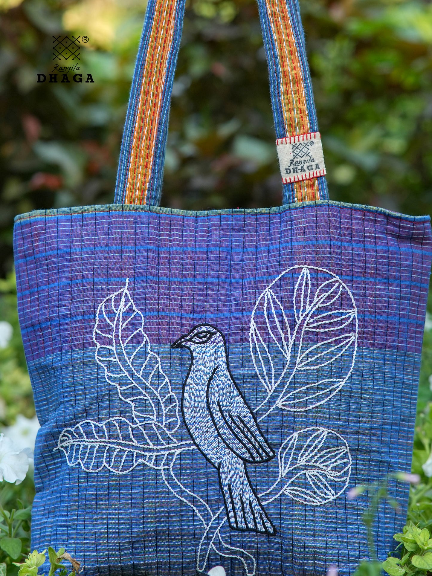 Blue Hand Embroidered Gamcha Pakhi Tote Bag with Hand Embroidered Handle  Bag102