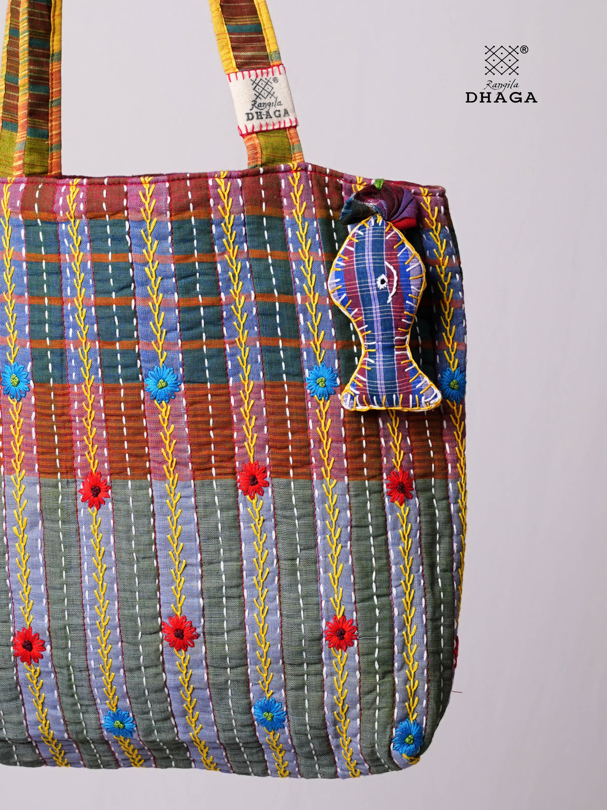 Hand-Embroidered Cotton Gamcha Tote Bag | Multicolor Artisan Shoulder Tote with Zip Closure & Multiple Pockets  115