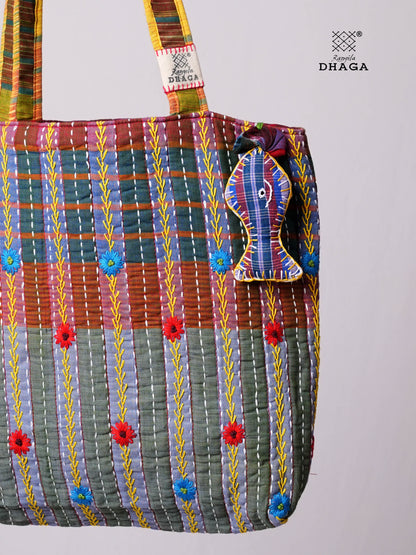 Hand-Embroidered Cotton Gamcha Tote Bag | Multicolor Artisan Shoulder Tote with Zip Closure & Multiple Pockets  115