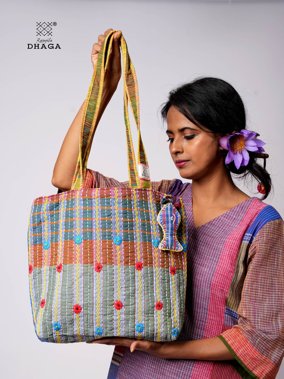 Hand-Embroidered Cotton Gamcha Tote Bag | Multicolor Artisan Shoulder Tote with Zip Closure & Multiple Pockets  115