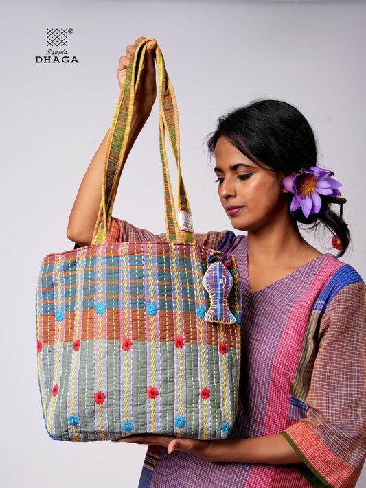 Hand-Embroidered Cotton Gamcha Tote Bag | Multicolor Artisan Shoulder Tote with Zip Closure & Multiple Pockets  115