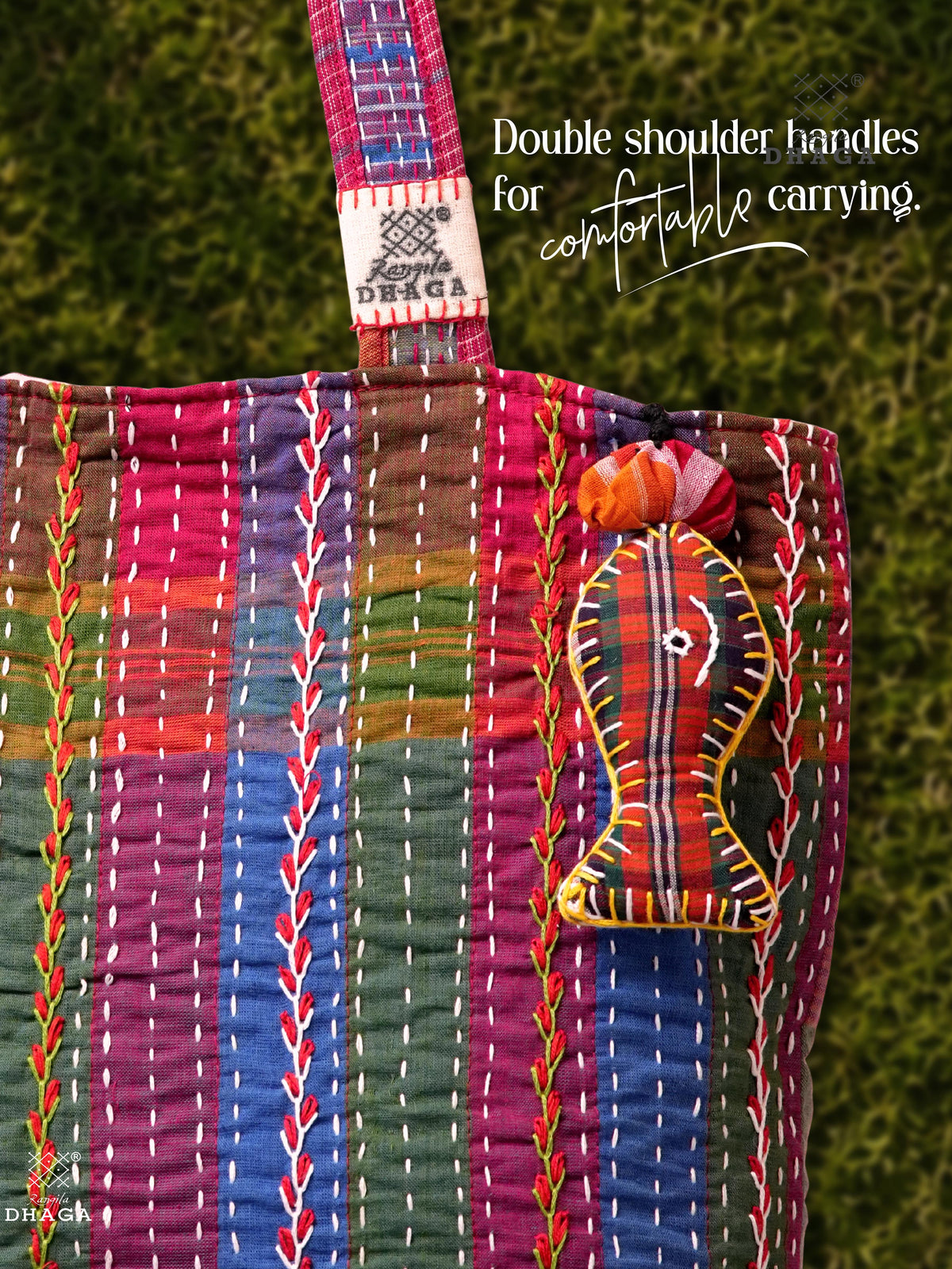 Hand-Embroidered Cotton Gamcha Tote Bag | Multicolor Artisan Shoulder Tote with Zip Closure & Multiple Pockets  107