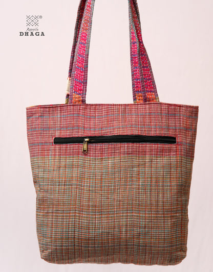 Red Hand Embroidered Gamcha Pakhi Tote Bag with Hand Embroidered Handle  Bag114