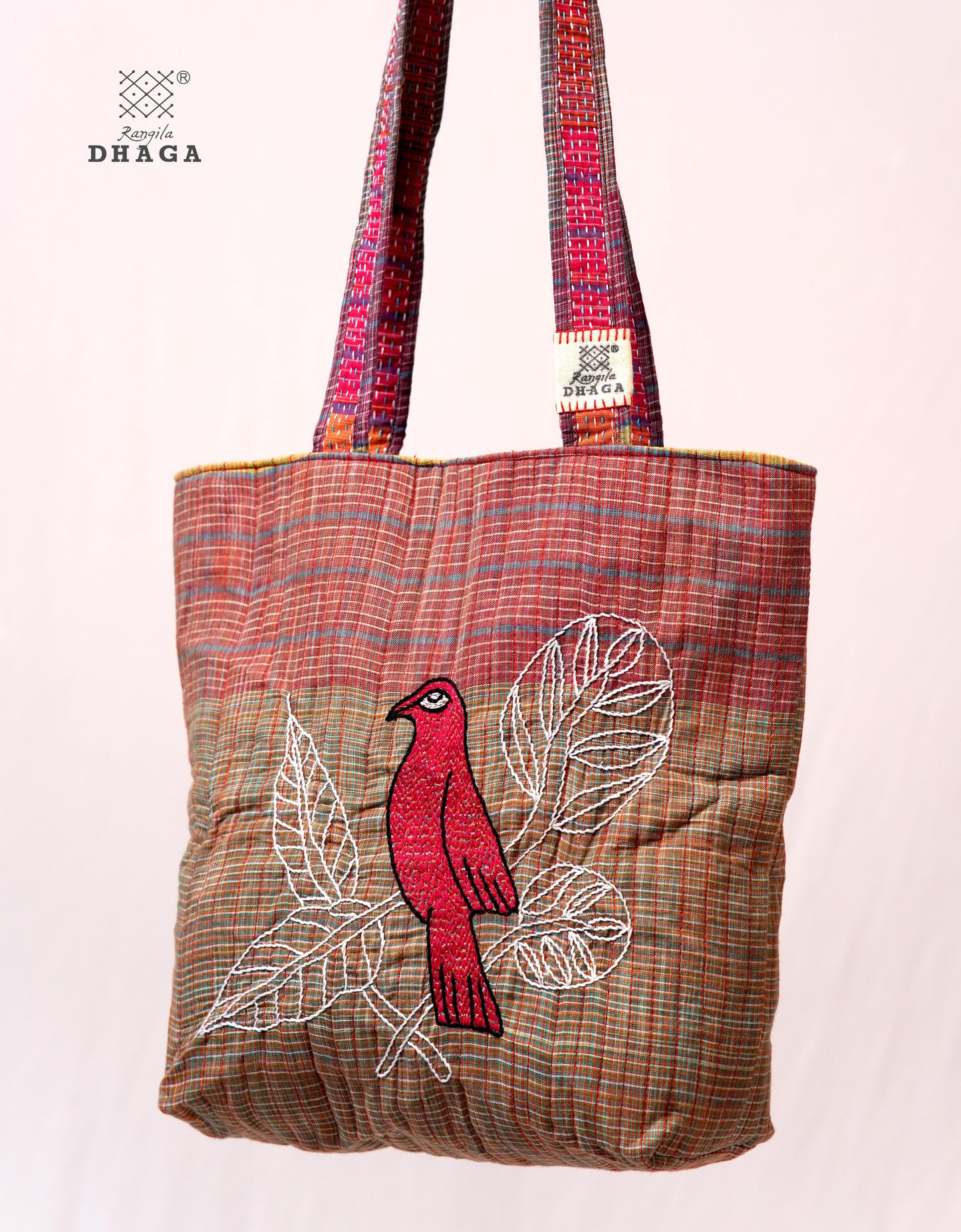Red Hand Embroidered Gamcha Pakhi Tote Bag with Hand Embroidered Handle  Bag114