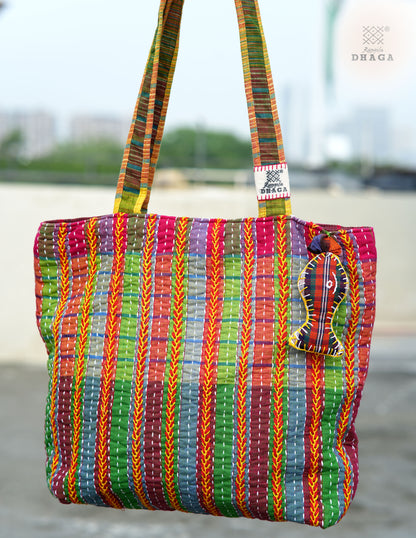 Hand-Embroidered Cotton Gamcha Tote Bag | Multicolor Artisan Shoulder Tote with Zip Closure & Multiple Pockets  109