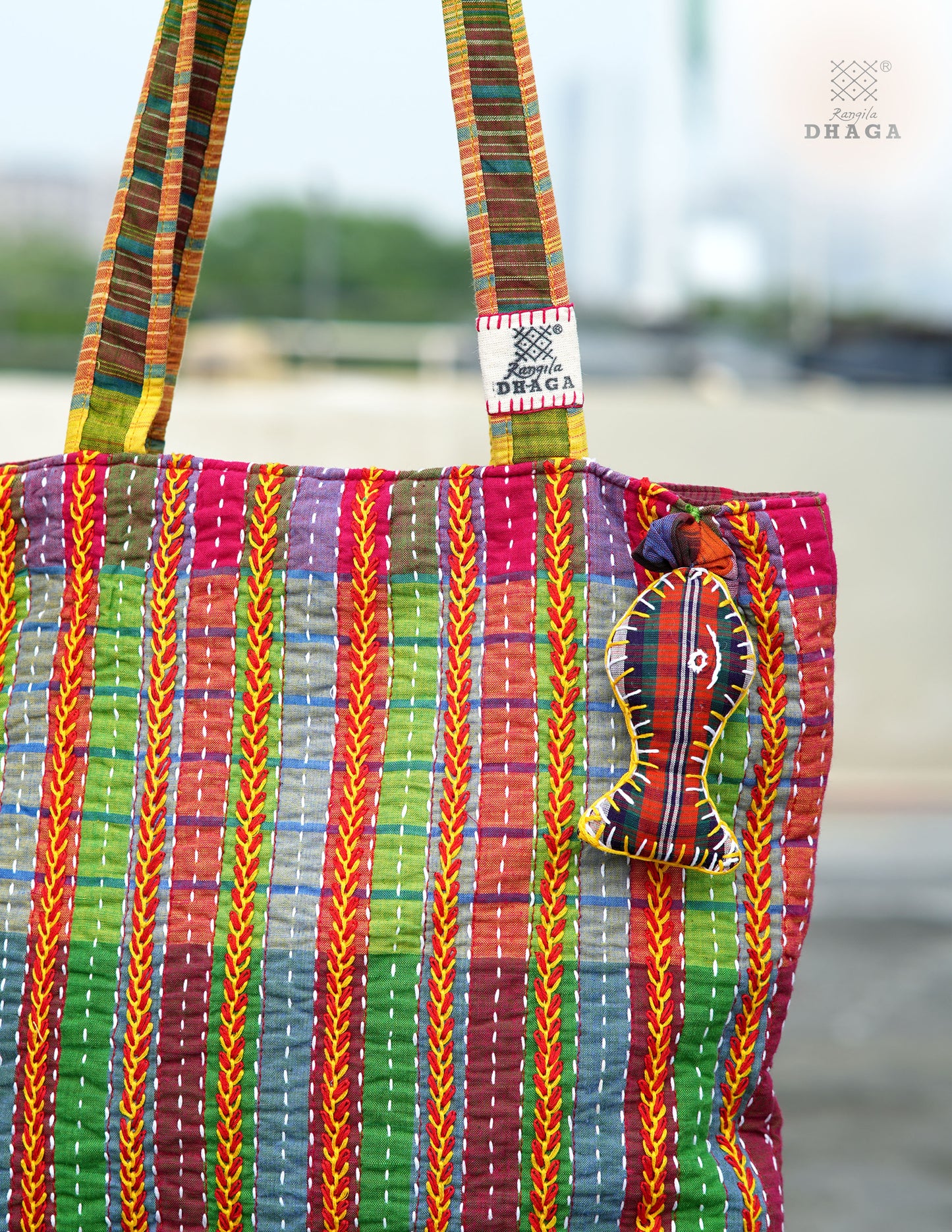Hand-Embroidered Cotton Gamcha Tote Bag | Multicolor Artisan Shoulder Tote with Zip Closure & Multiple Pockets  109