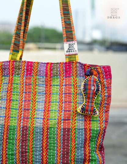 Hand-Embroidered Cotton Gamcha Tote Bag | Multicolor Artisan Shoulder Tote with Zip Closure & Multiple Pockets  109