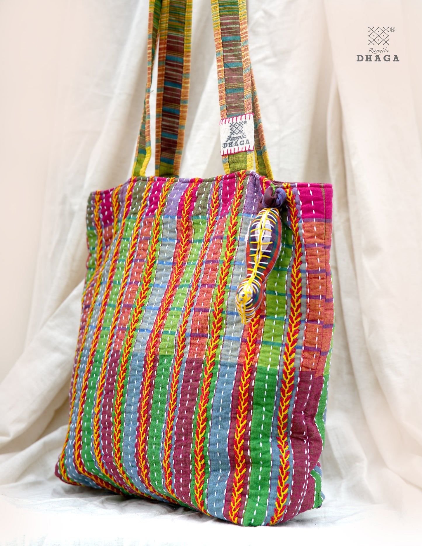 Hand-Embroidered Cotton Gamcha Tote Bag | Multicolor Artisan Shoulder Tote with Zip Closure & Multiple Pockets  109