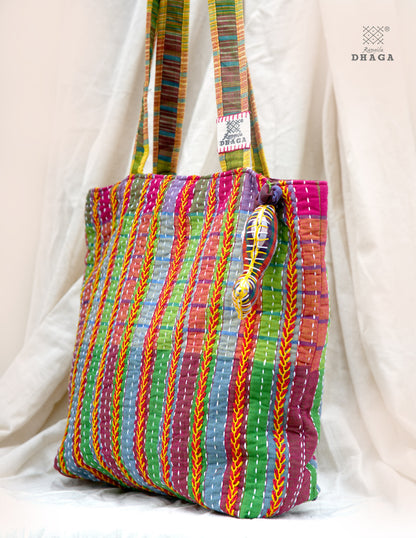 Hand-Embroidered Cotton Gamcha Tote Bag | Multicolor Artisan Shoulder Tote with Zip Closure & Multiple Pockets  109