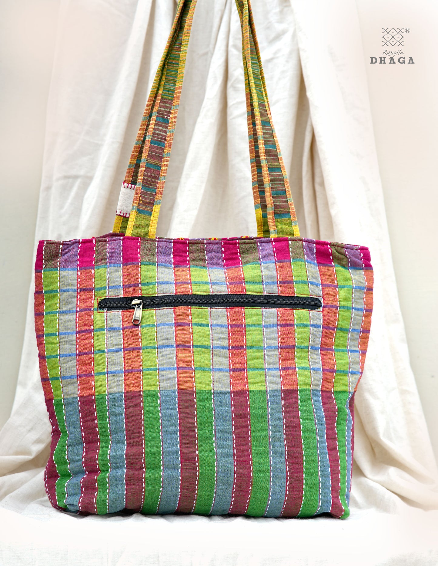 Hand-Embroidered Cotton Gamcha Tote Bag | Multicolor Artisan Shoulder Tote with Zip Closure & Multiple Pockets  109