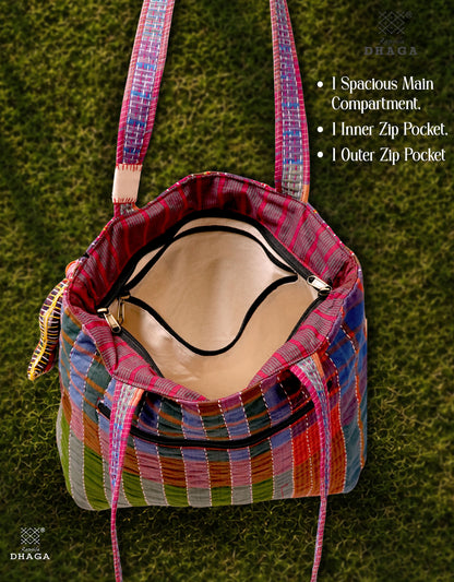 Hand-Embroidered Cotton Gamcha Tote Bag | Multicolor Artisan Shoulder Tote with Zip Closure & Multiple Pockets  107