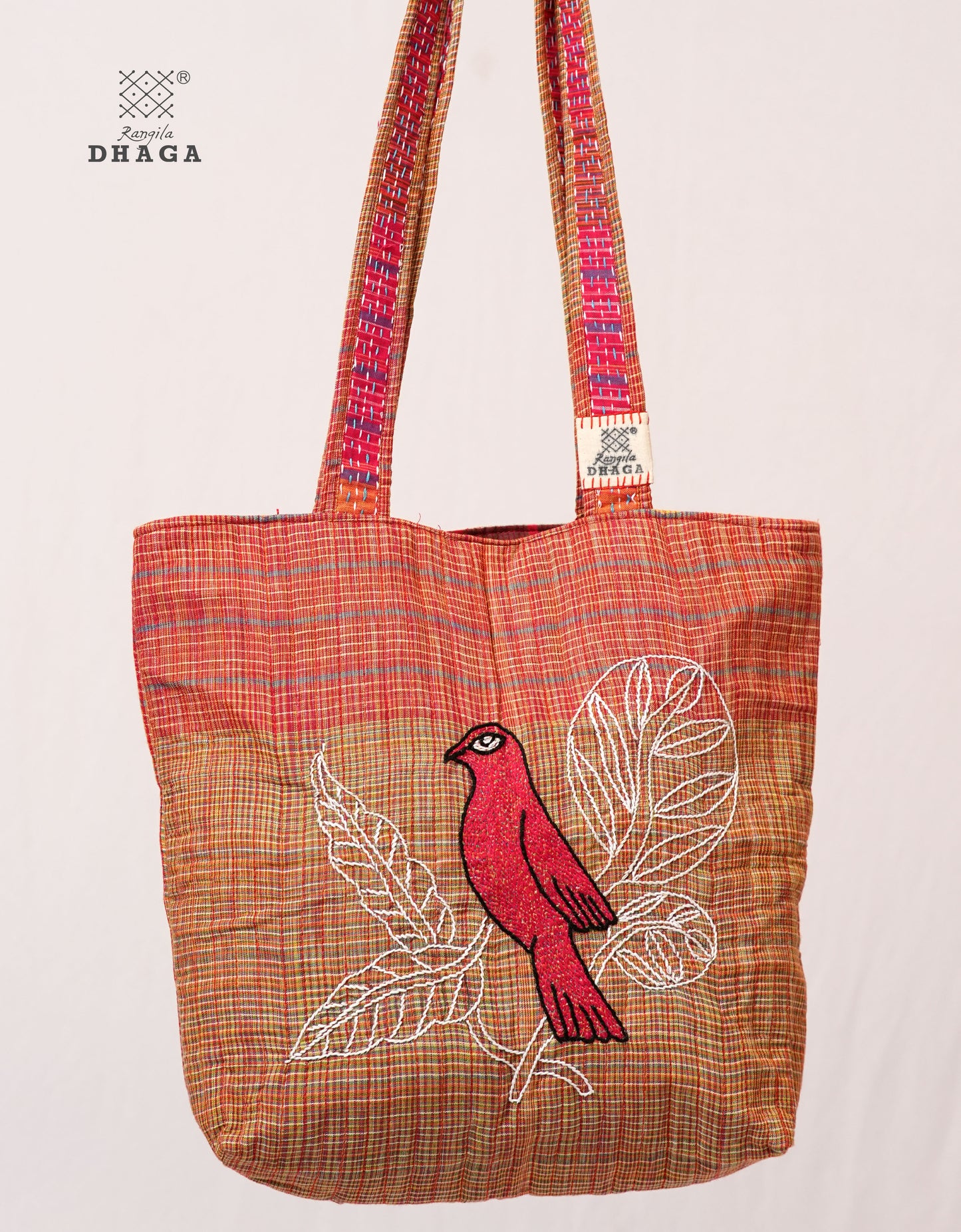 Red Hand Embroidered Gamcha Pakhi Tote Bag with Hand Embroidered Handle  Bag113