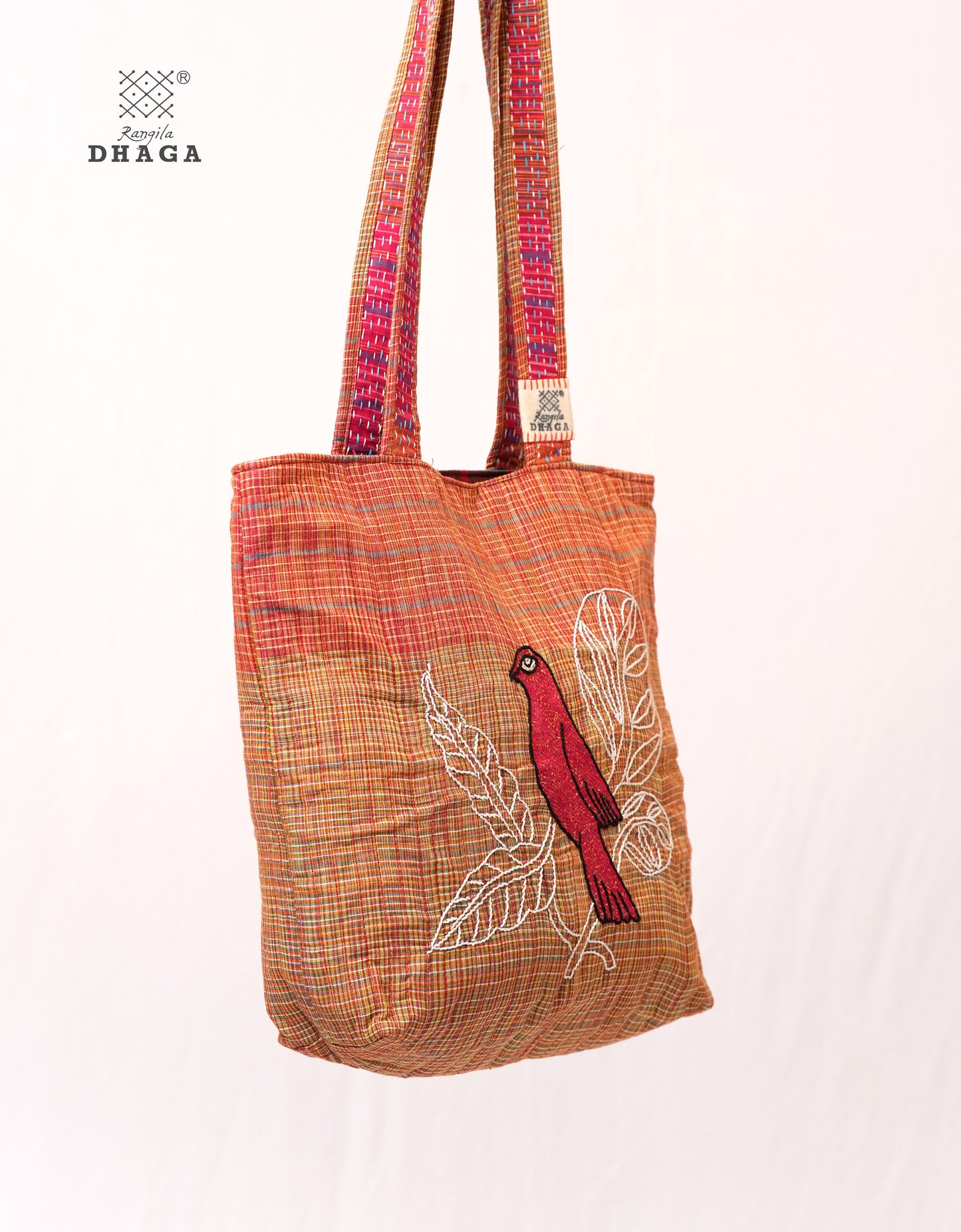 Red Hand Embroidered Gamcha Pakhi Tote Bag with Hand Embroidered Handle  Bag113